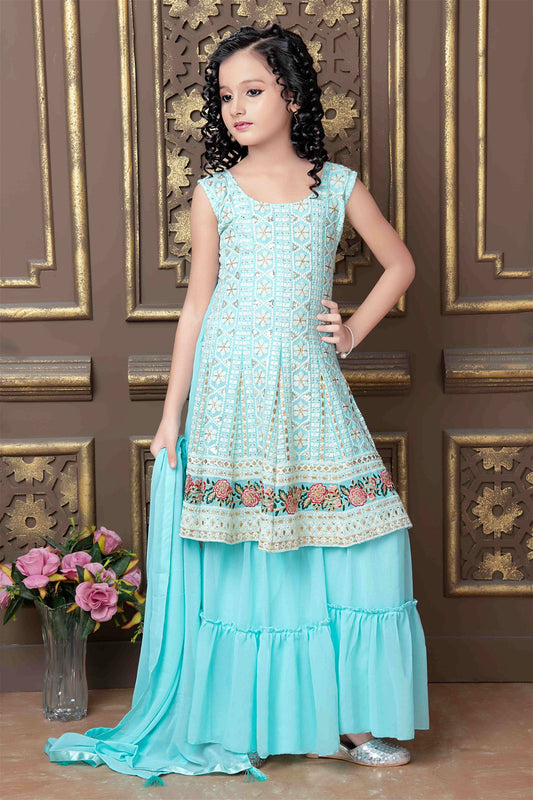 Sky Blue Colored Designer Sharara Suit For Kids 1005B