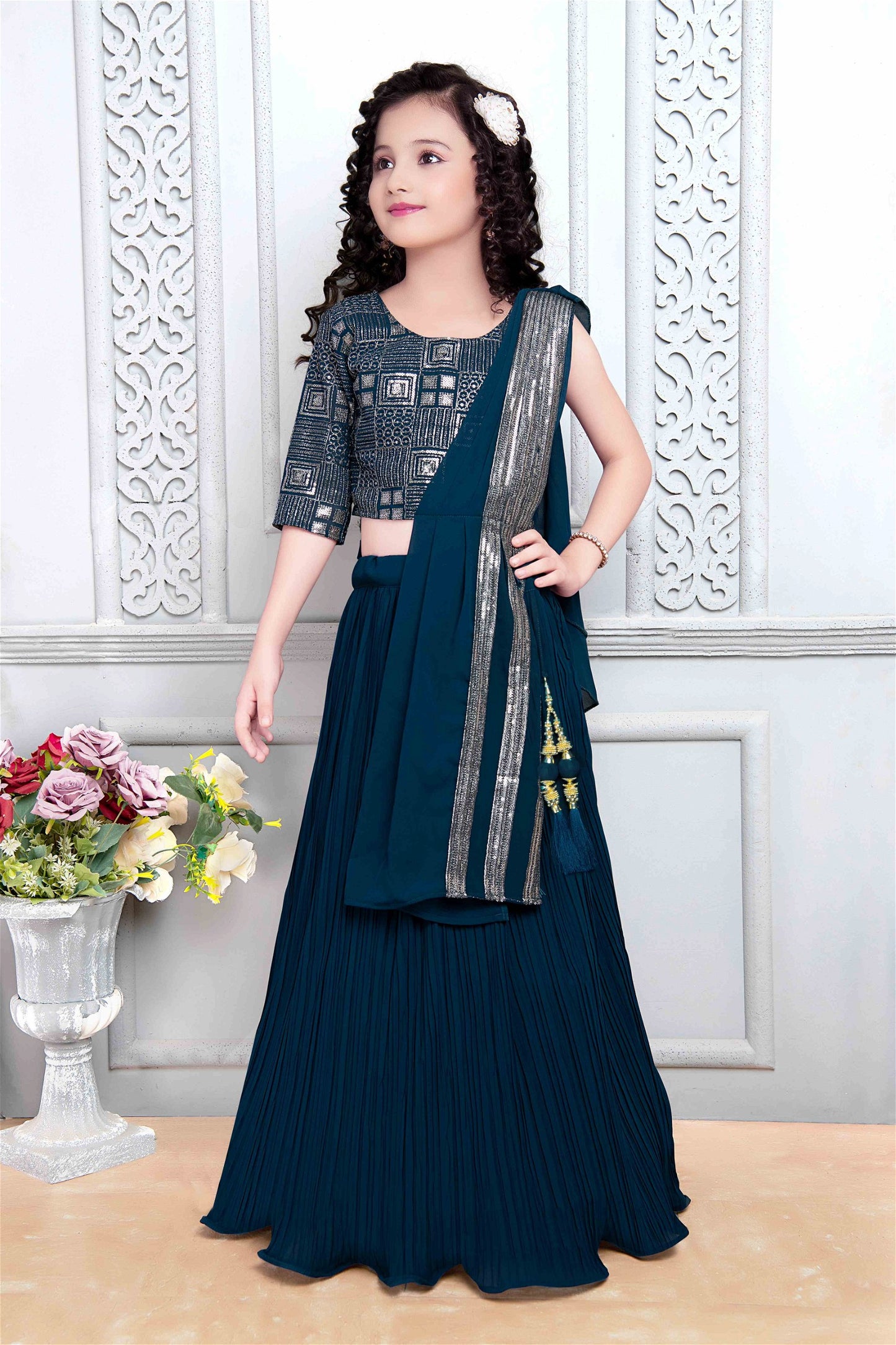 Alluring Georgette Navy Blue Kids Lehenga Choli 635B