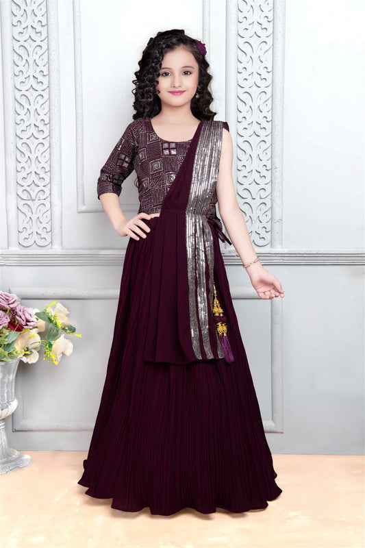 Delightful Georgette Saddle Brown Kids Lehenga Choli 635C