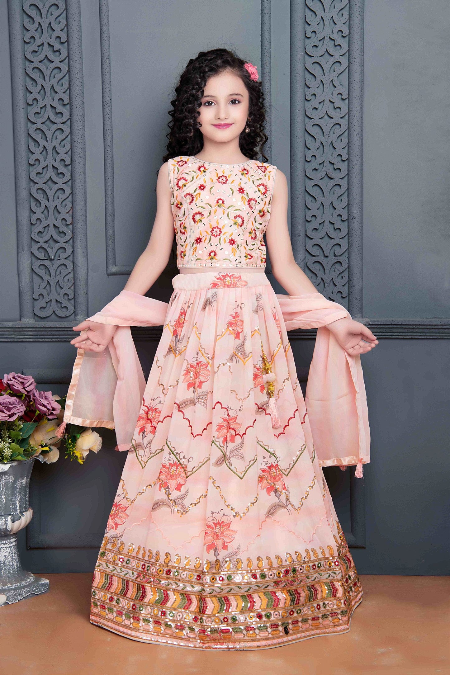 Georgette Beige Kids Lehenga Choli with Thread work 636