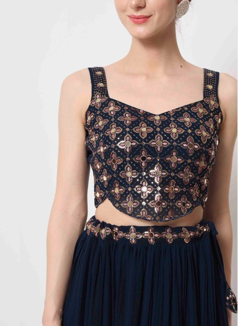 Navy Blue Crush Pattern Party Wear Lehenga