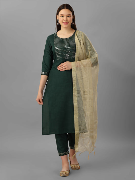 Womens Green Colour Cotton Kurta Pant With Dupatta Set
