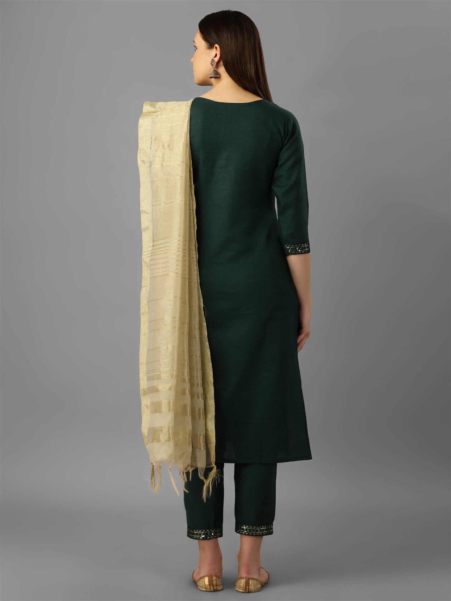 Womens Green Colour Cotton Kurta Pant With Dupatta Set