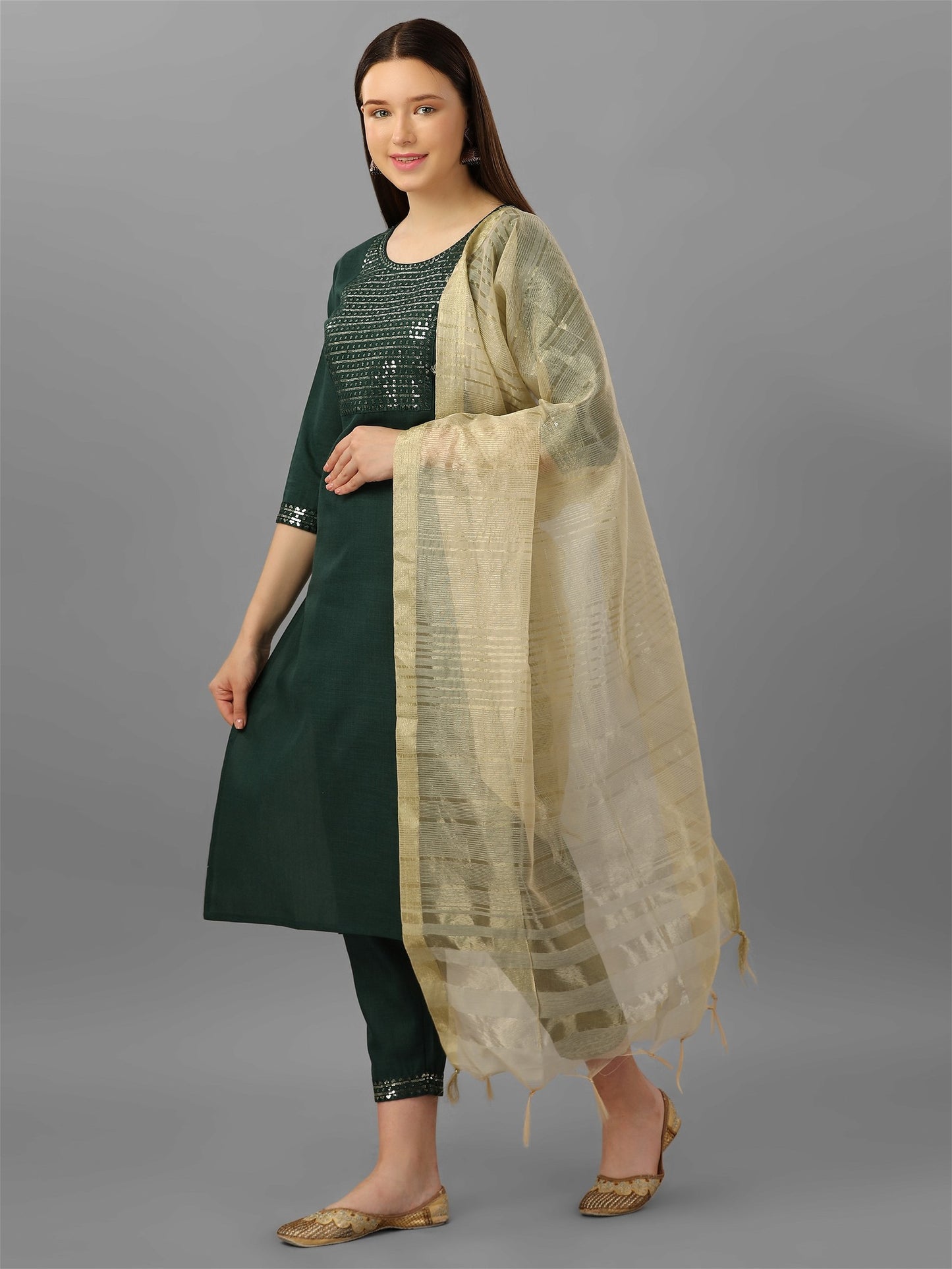 Womens Green Colour Cotton Kurta Pant With Dupatta Set