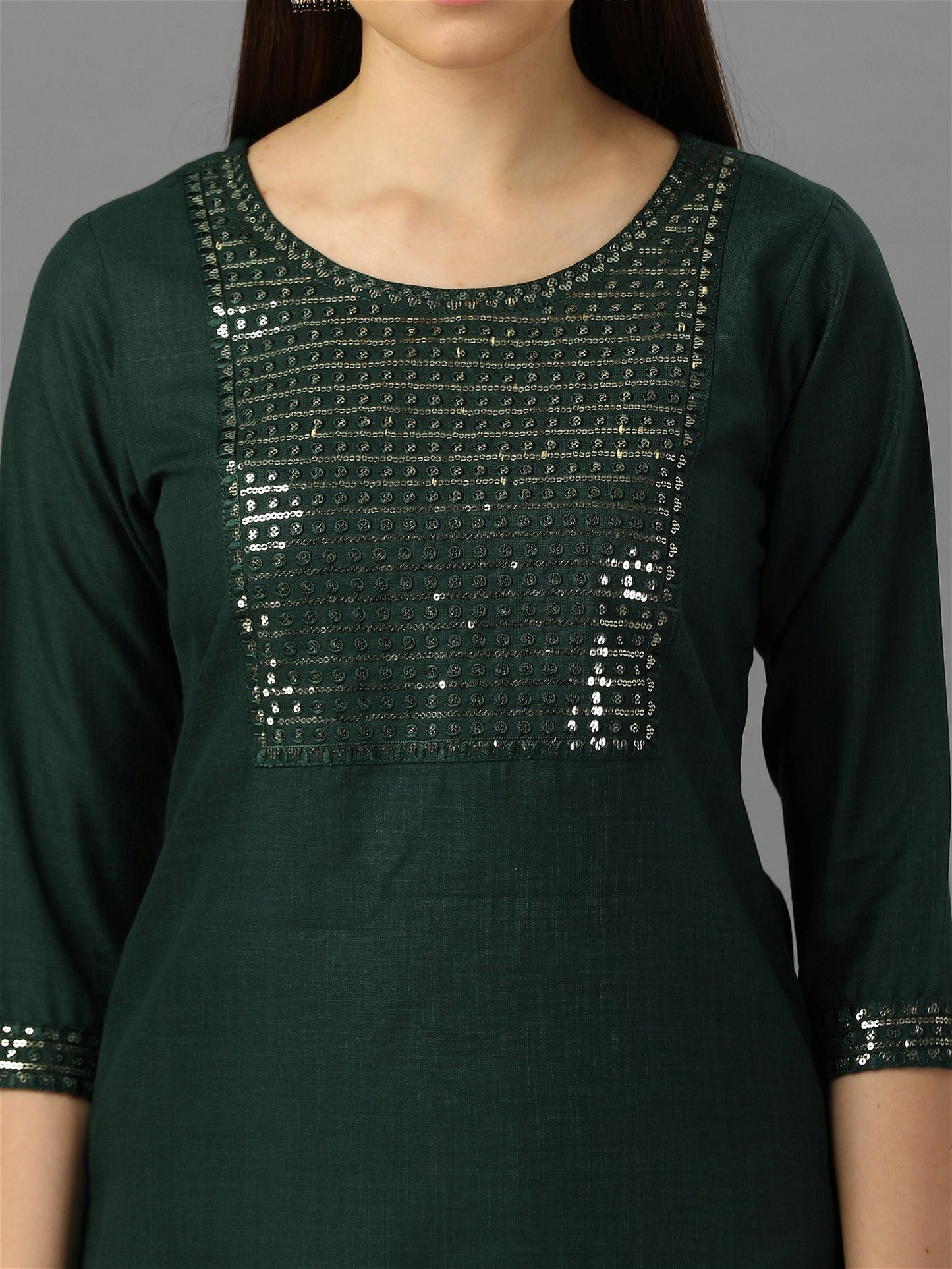 Womens Green Colour Cotton Kurta Pant With Dupatta Set
