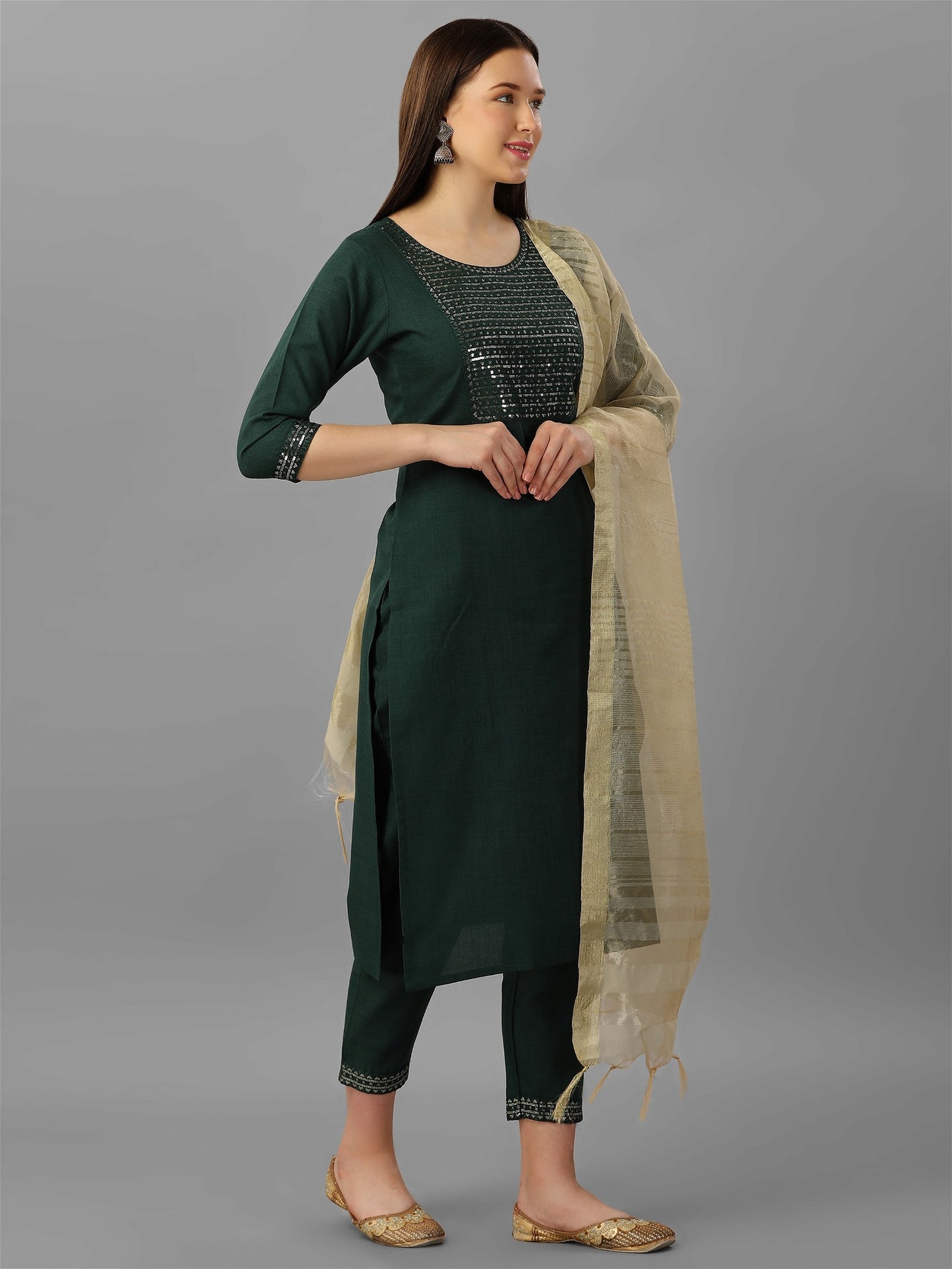 Womens Green Colour Cotton Kurta Pant With Dupatta Set