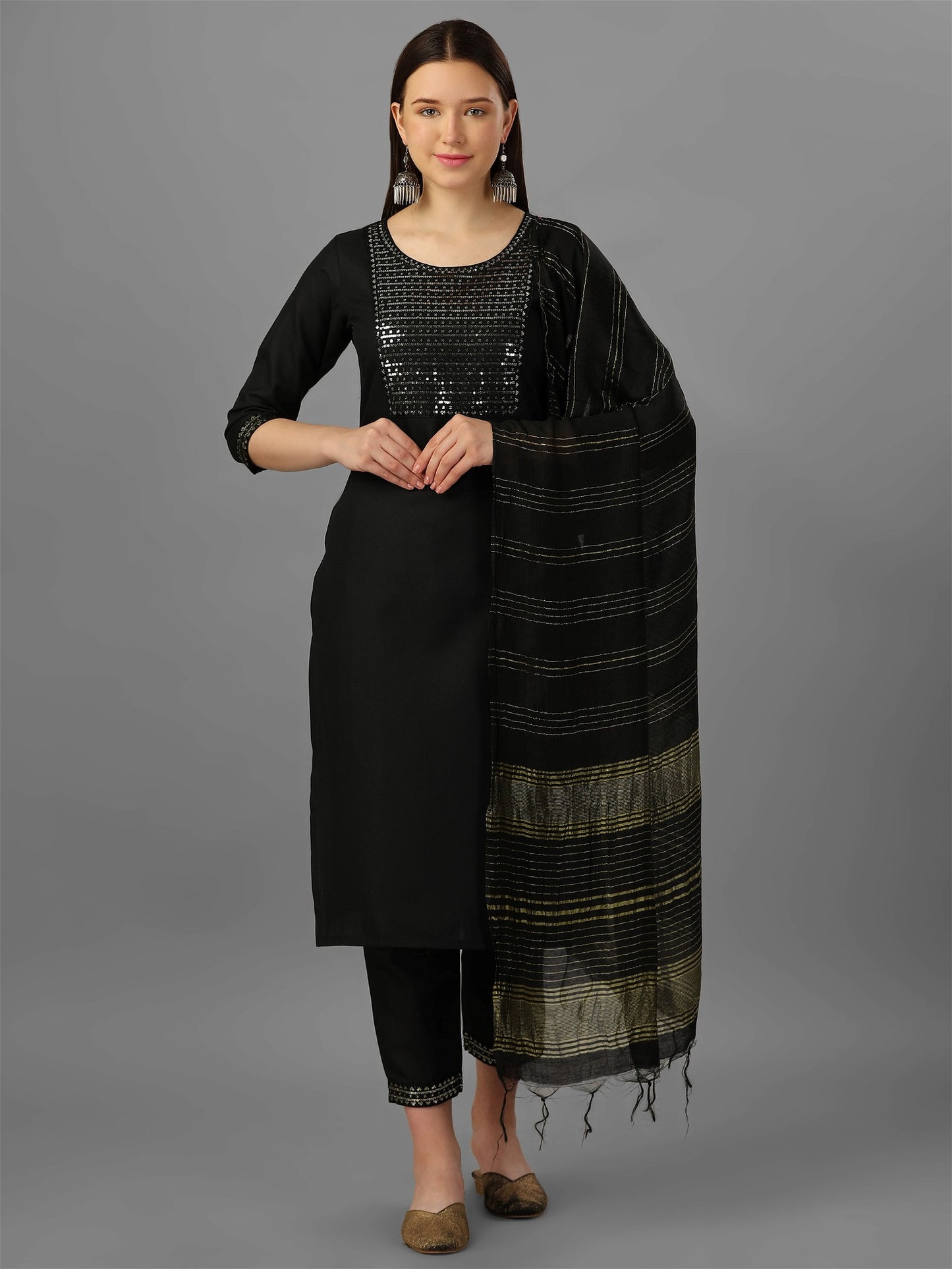 Womens Black Colour Cotton Kurta Pant With Dupatta Set