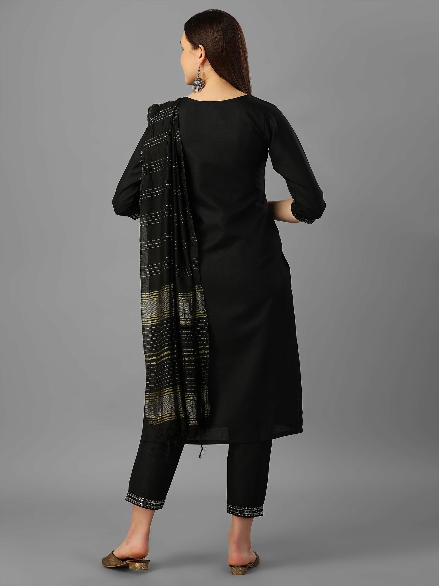 Womens Black Colour Cotton Kurta Pant With Dupatta Set