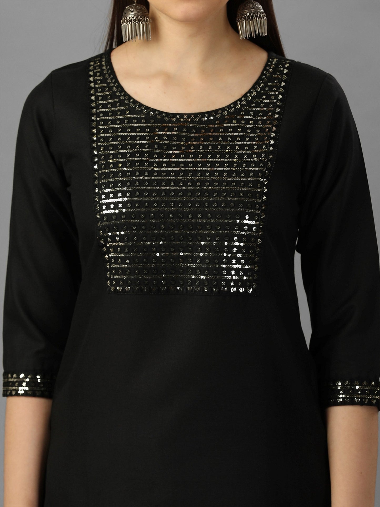 Womens Black Colour Cotton Kurta Pant With Dupatta Set