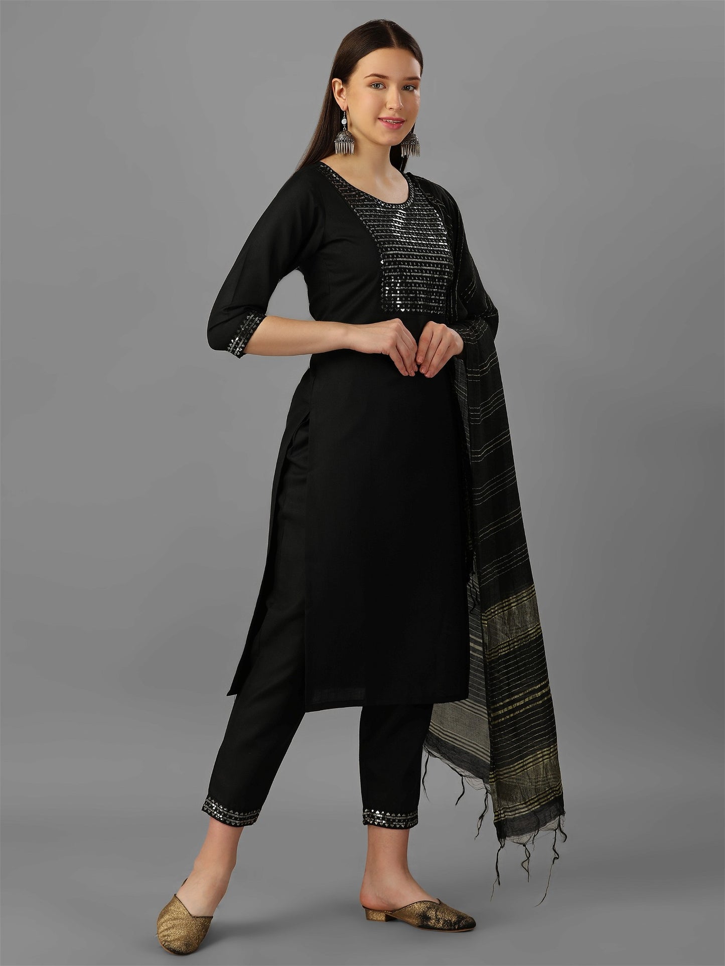 Womens Black Colour Cotton Kurta Pant With Dupatta Set