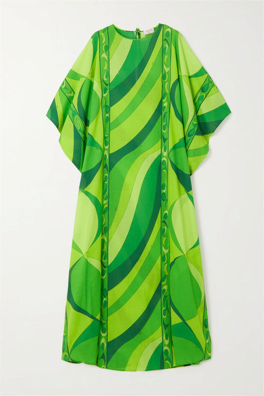 Women Printed Parrot Green Colour Long Kaftan In Soft Cotton Blend Fabric