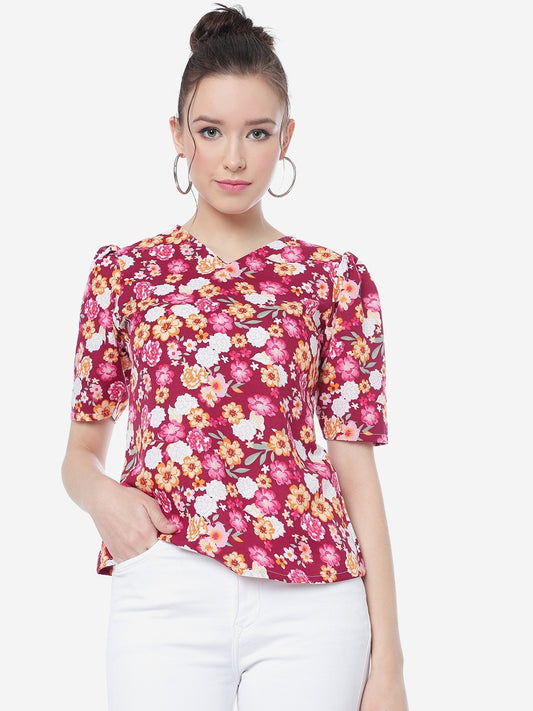 Deep Carmine Floral Printed Casual Top