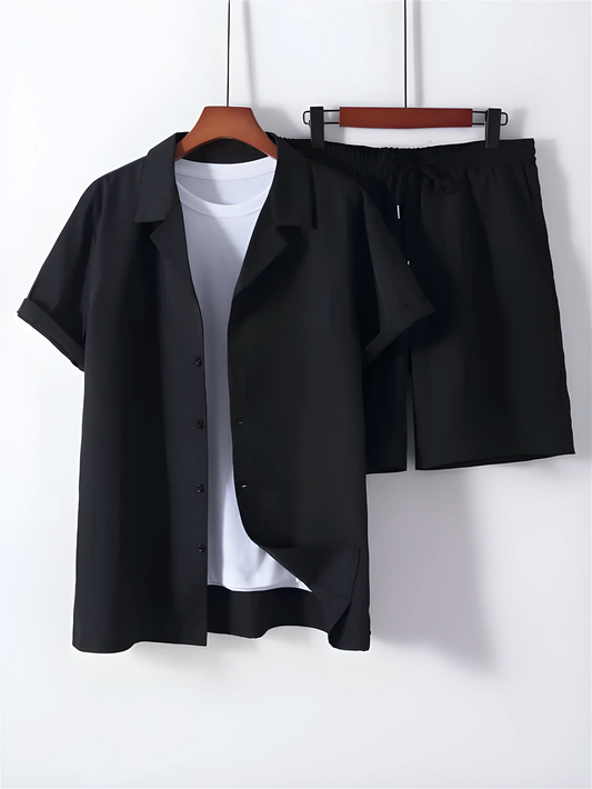 Black Plain Men's Shirt And Shorts Set Short Sleeve