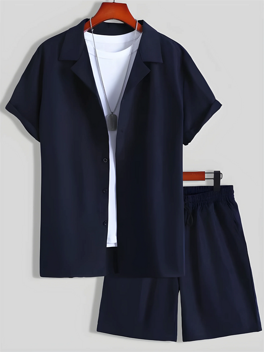 Blue Colour Men's Shirt And Shorts Set Short Sleeve