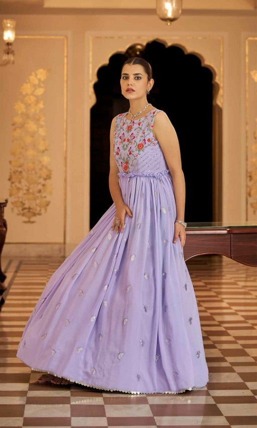 Semi-Stitched Stylish Lavender Floral Embroidered Georgette Long Gown