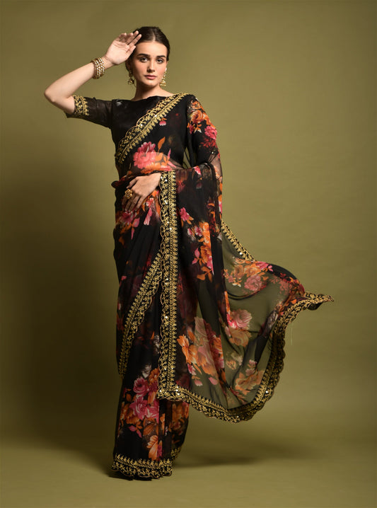 Black Georgette with Flower Print Saree