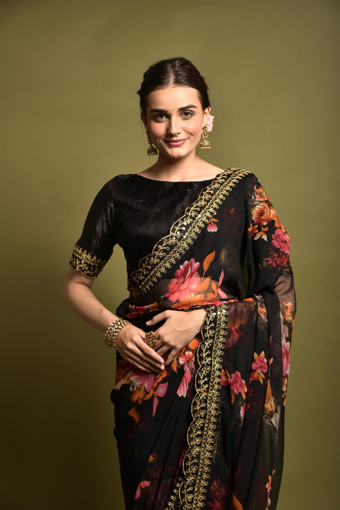 Black Georgette with Flower Print Saree