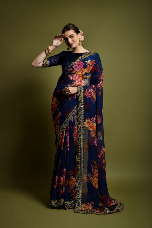 Blue Georgette with Flower Print Saree