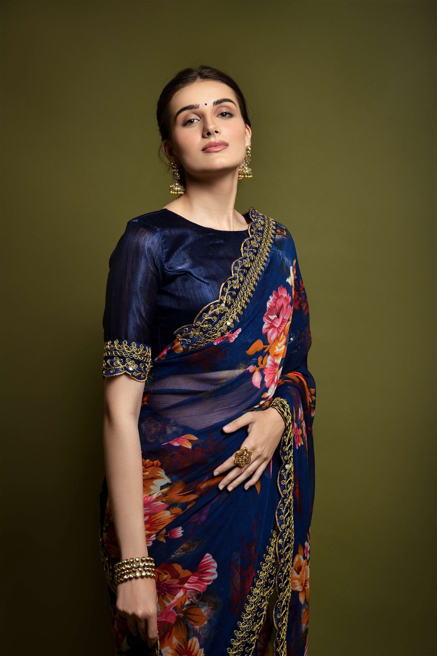 Blue Georgette with Flower Print Saree