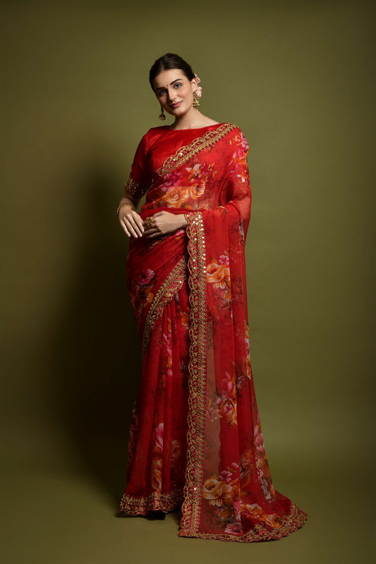 Red Georgette with Flower Print Saree