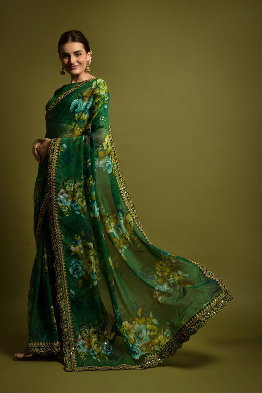 Green Georgette with Flower Print Saree