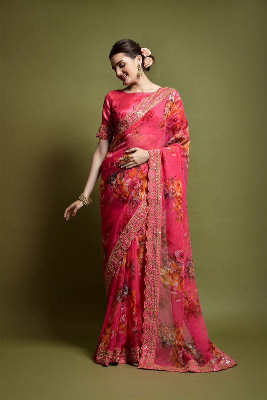 Red Georgette with Flower Print Saree