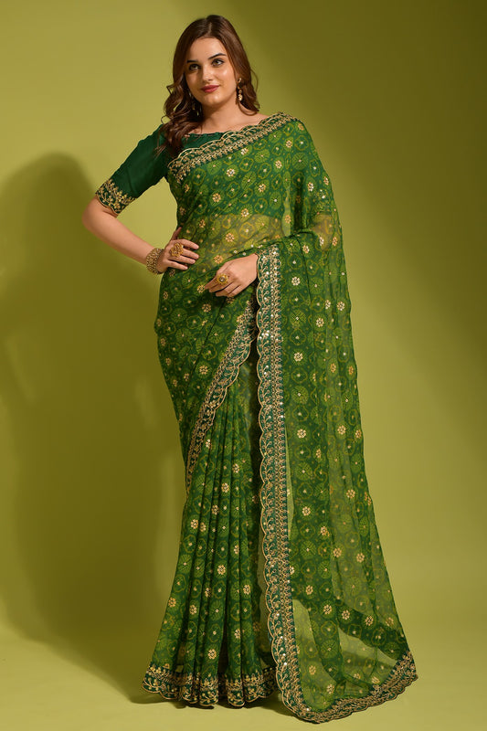 Green Georgette with Flower Foil Print Saree