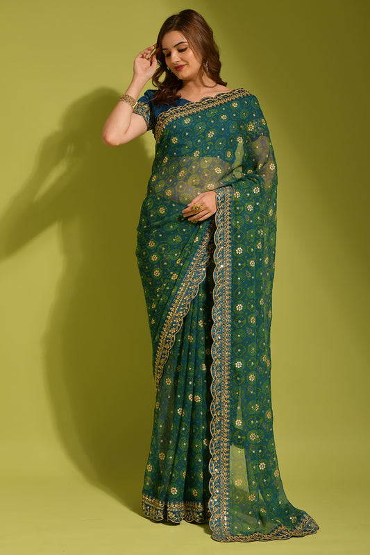 Teal Blue Georgette with Flower Foil Print Saree
