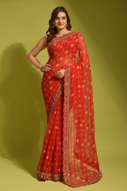 Orange Georgette with Flower Foil Print Saree