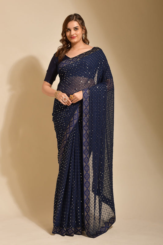 Blue Georgette with Flower Foil Print Saree