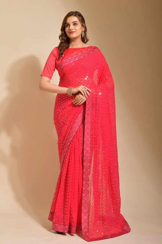 Green Georgette with Flower Foil Print Saree