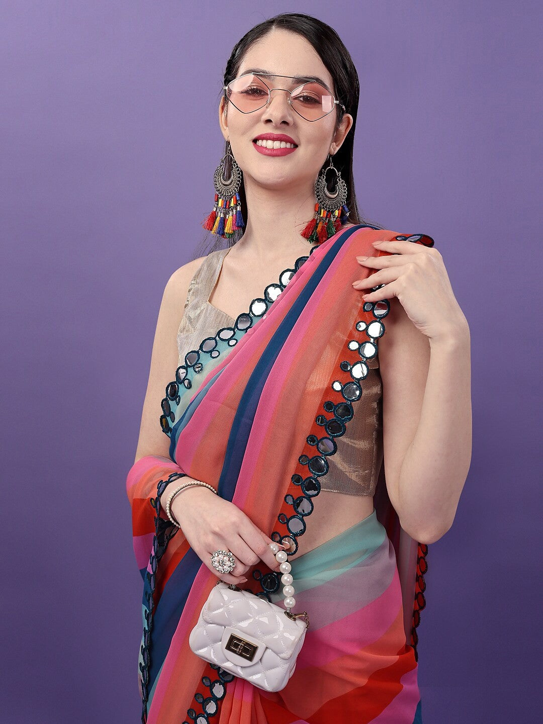 Multicolor Georgette with Leriya Print And Mirror Lace Work Saree