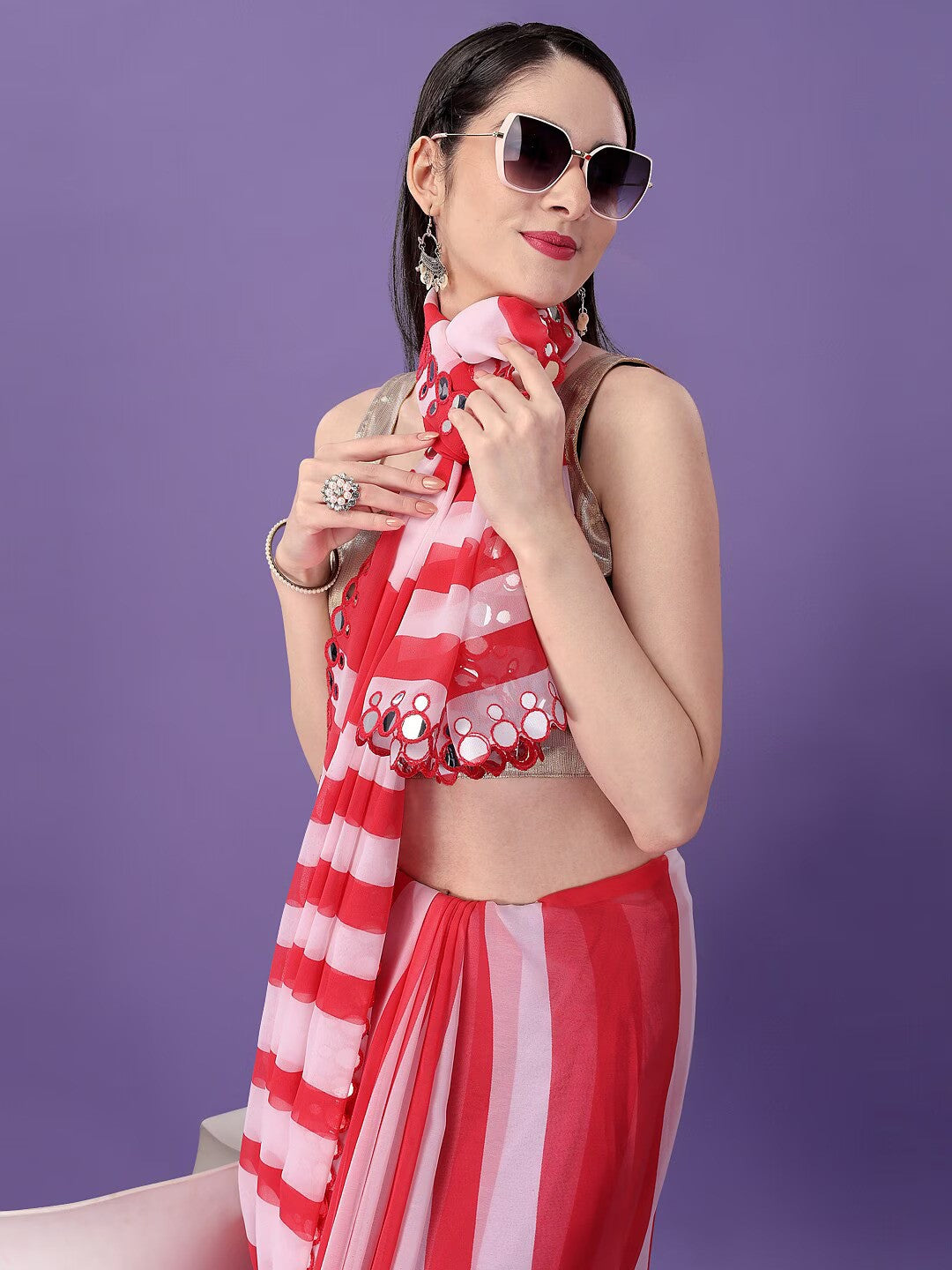 Multicolor Georgette with Leriya Print And Mirror Lace Work Saree