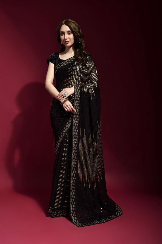 Golden Colour Sequance Work Georgette Saree