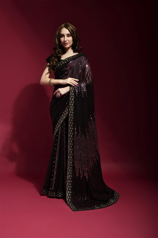 Onion Colour Sequance Work Georgette Saree
