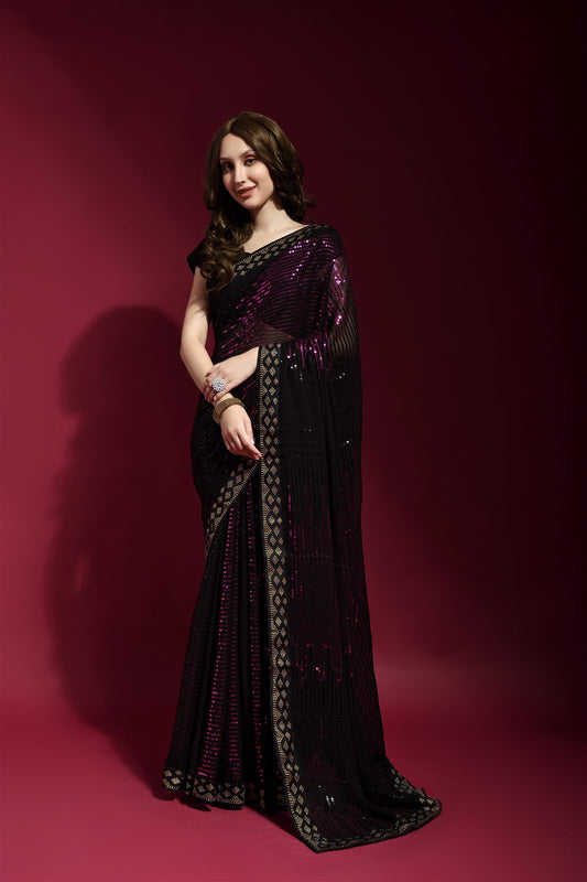 Pink Colour Sequance Work Georgette Saree