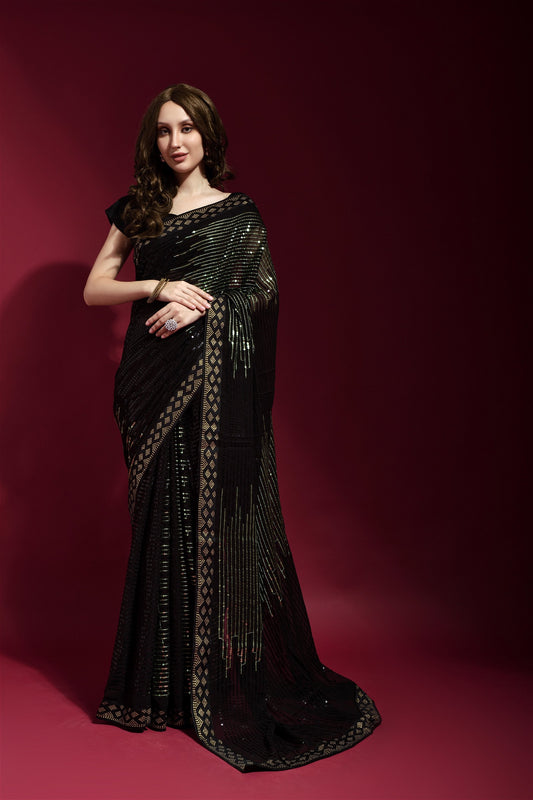 Pista Colour Sequance Work Georgette Saree