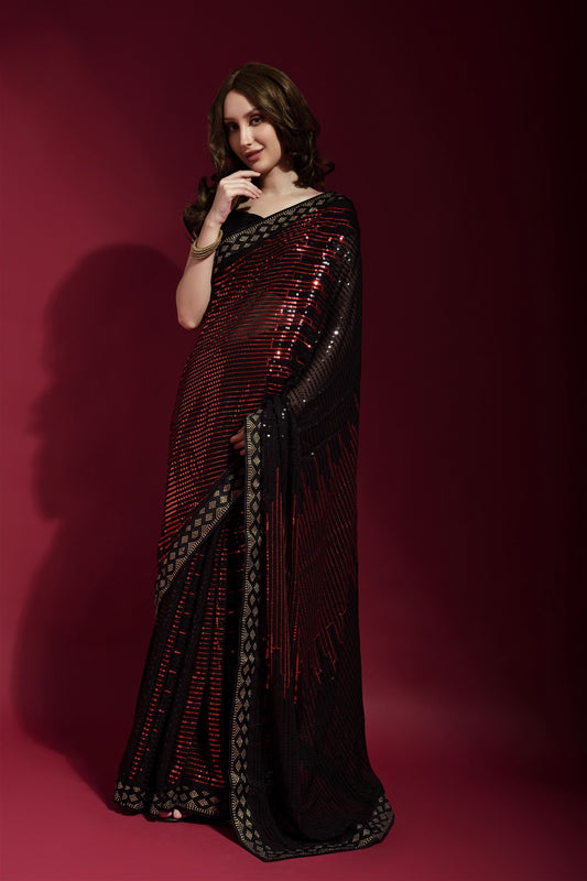 Red Colour Sequance Work Georgette Saree