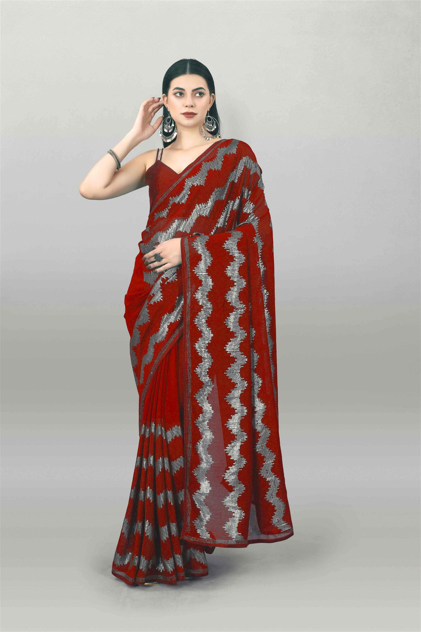 Red Colour Georgette Sequin With Embroidery Work Saree