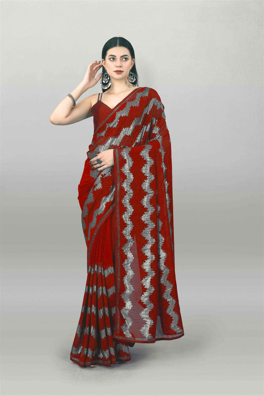 Red Colour Georgette Sequin With Embroidery Work Saree