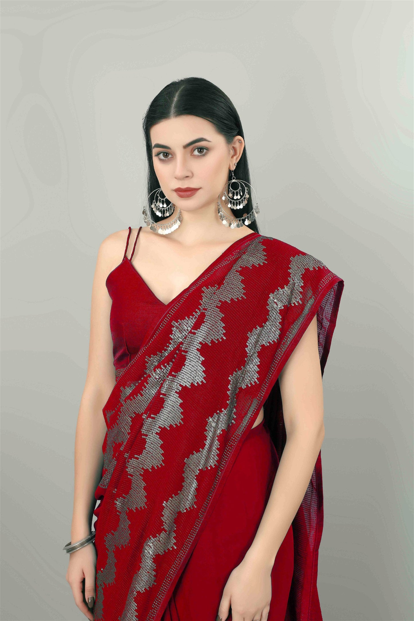 Red Colour Georgette Sequin With Embroidery Work Saree