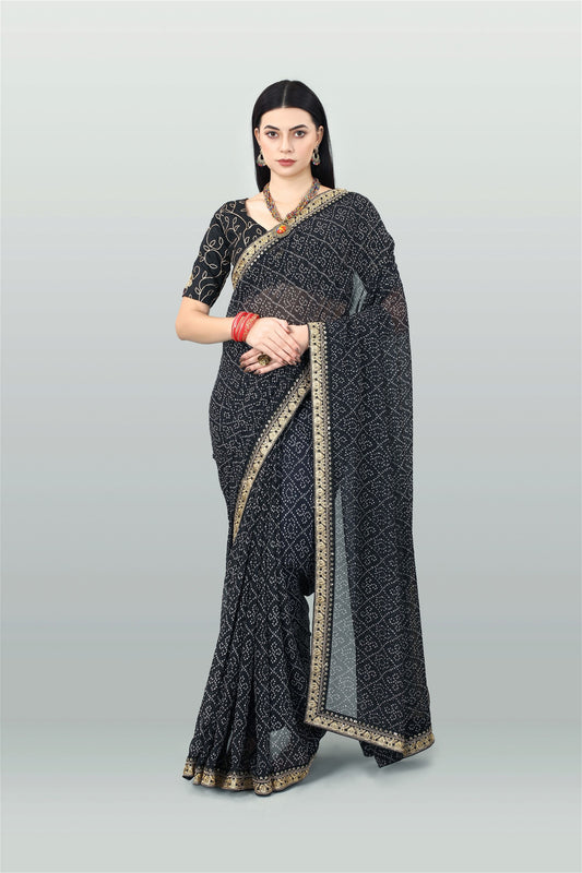 Black Colour Georgette Bandhani Printed Saree