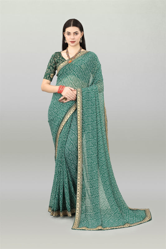 Green Colour Georgette Bandhani Printed Saree