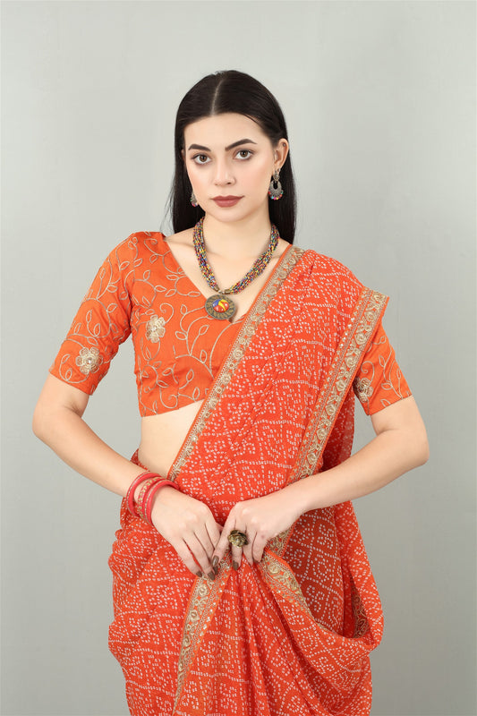 Orange Colour Georgette Bandhani Printed Saree
