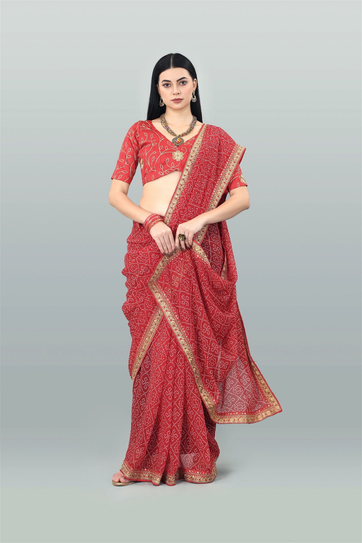 Red Colour Georgette Bandhani Printed Saree