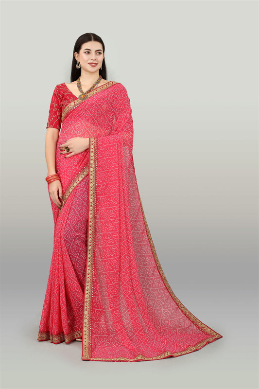 Pink Colour Georgette Bandhani Printed Saree