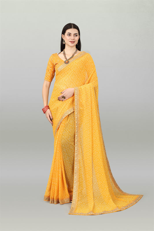 Yellow Colour Georgette Bandhani Printed Saree