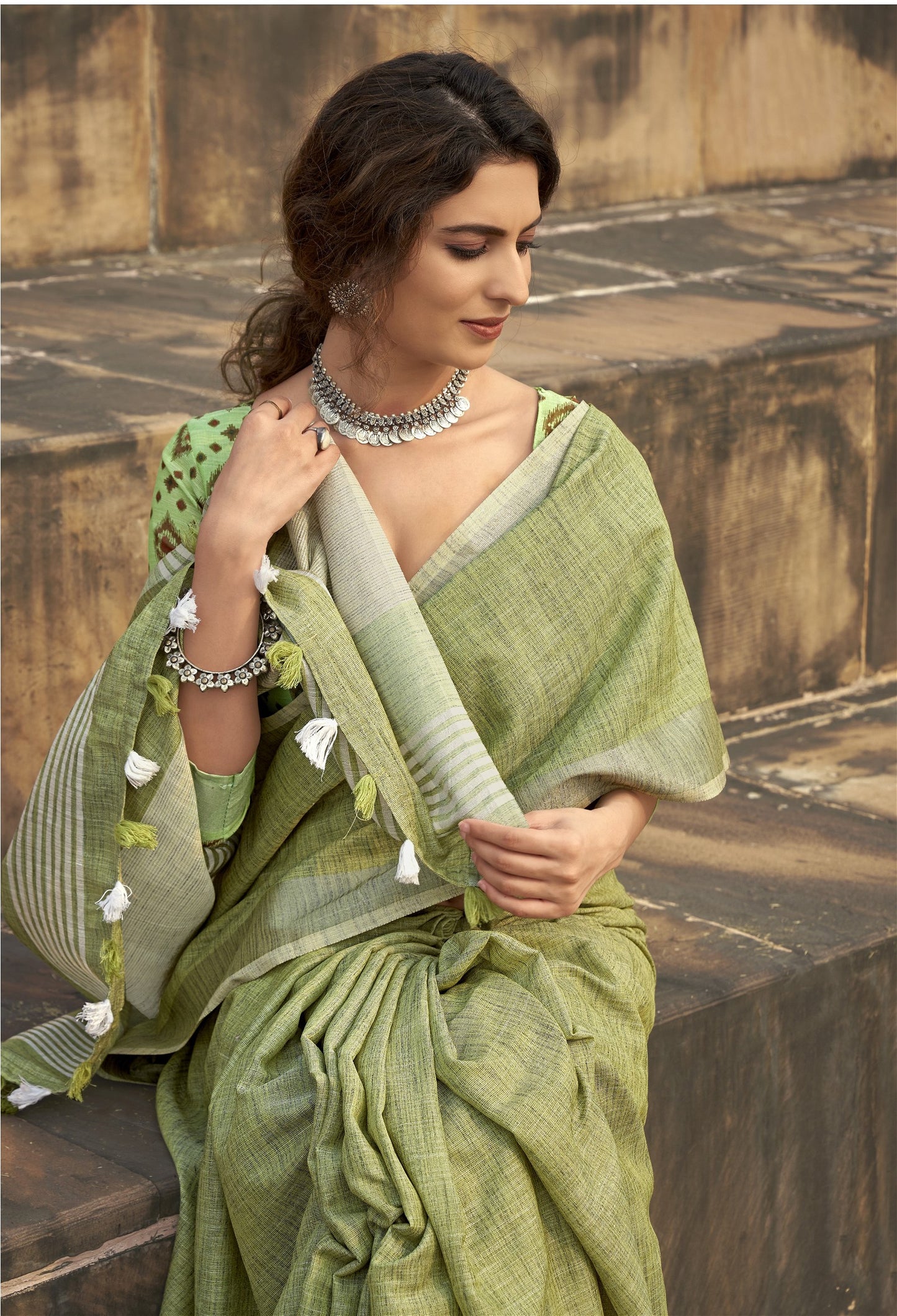 Soft linen Silk With Khadi Print Saree