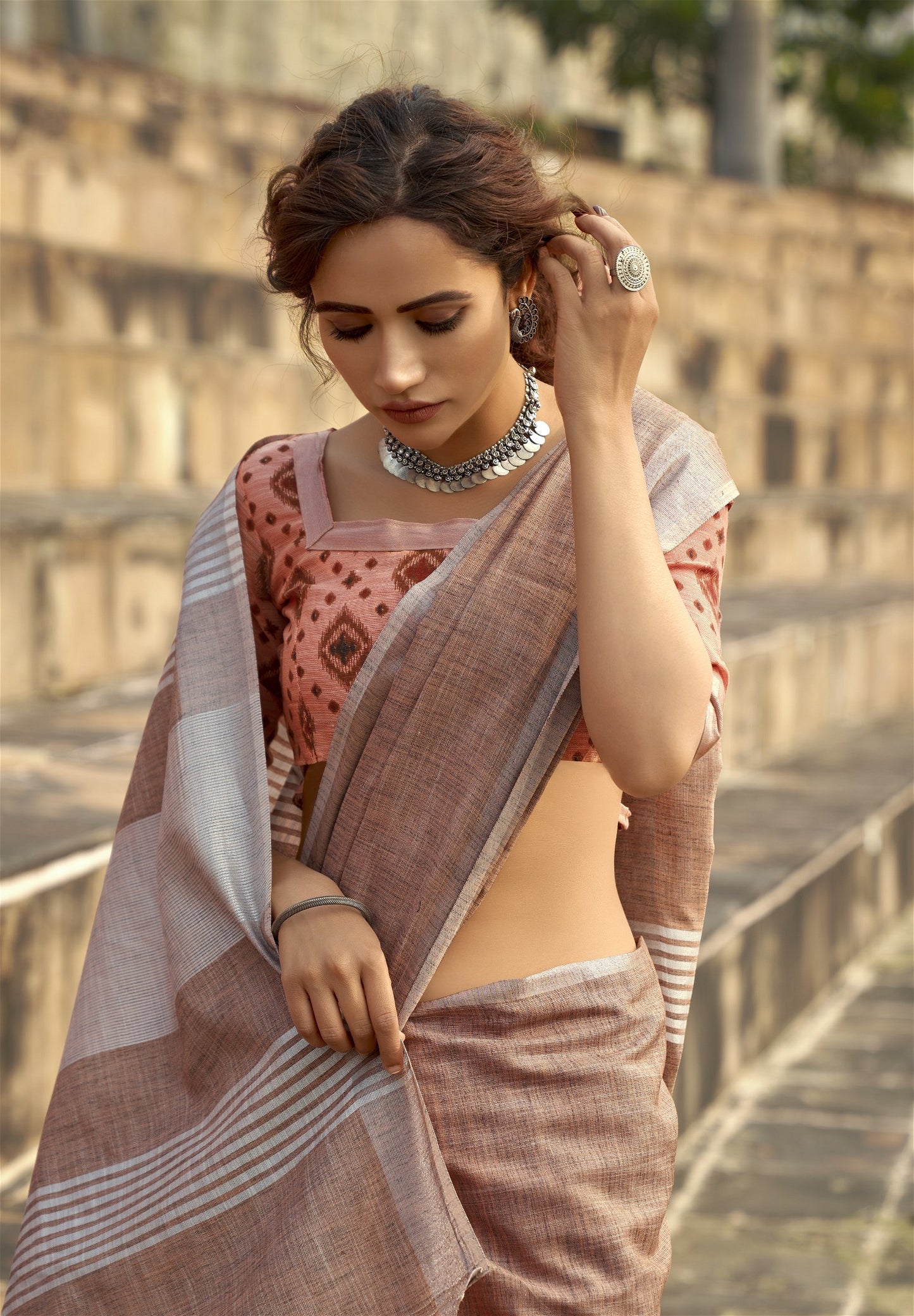 Soft linen Silk With Khadi Print Saree