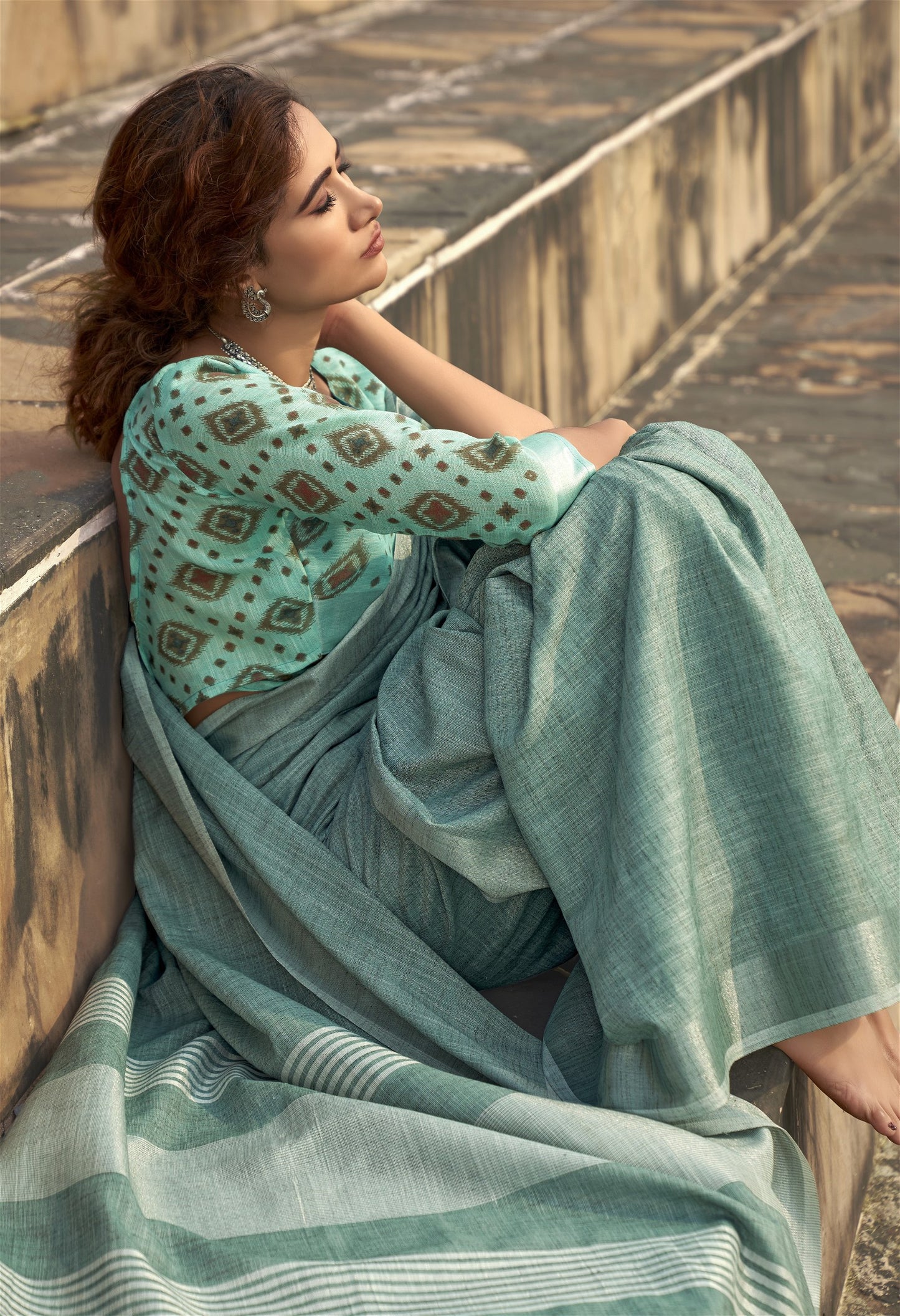 Soft linen Silk With Khadi Print Saree